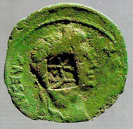 Kupfermünze (as) des Augustus mit Gegenstempel VAR